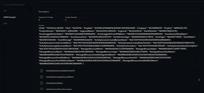 The image displays a user interface for a SIEM (Security Information and Event Management) template editor, showcasing a formatted JSON example for logging activity session data with designated placeholder fields. (Captioned by AI)