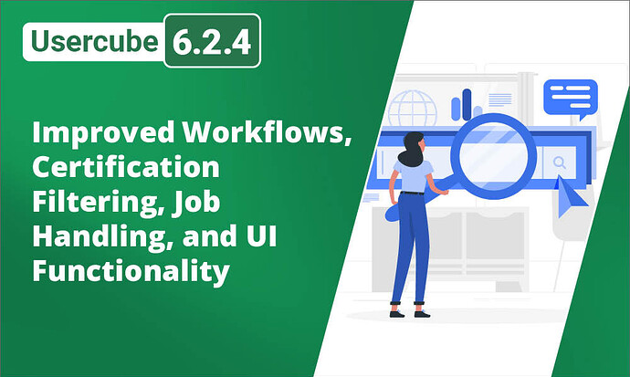 The image presents an updated version of Usercube (6.2.4), highlighting enhancements in workflows, certification filtering, job handling, and UI functionality, accompanied by a visual of a woman interacting with a magnifying glass icon in a digital interface. (Captioned by AI)