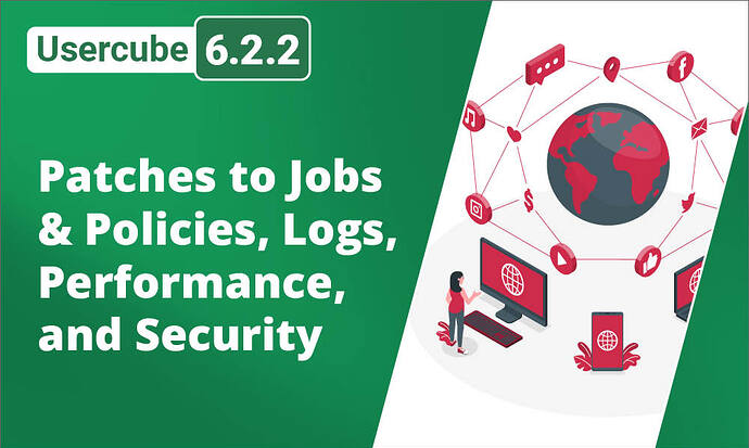 The image showcases an update for Usercube version 6.2.2, highlighting various patches related to jobs, policies, logs, performance, and security, accompanied by graphical icons representing global connectivity and digital interaction. (Captioned by AI)