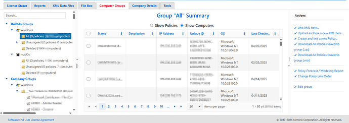The image displays a dashboard summary of computer groups organized by operating system, showing key information such as group name, description, IP address, unique ID, OS version, and the last check date for various computers. (Captioned by AI)