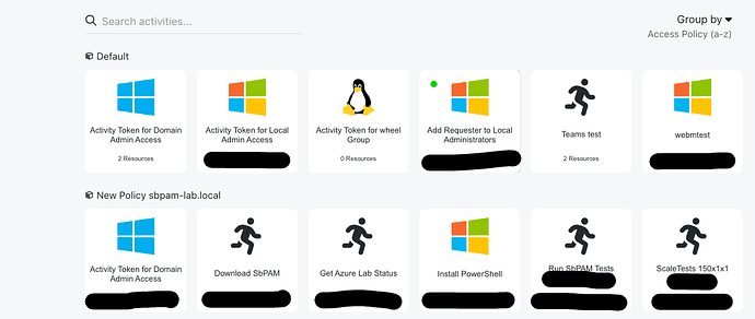 The image displays a user interface featuring various activities related to administrative access and testing, organized into "Default" and "New Policy sbpam-lab.local" categories, with icons representing Microsoft Windows and activity functions. (Captioned by AI)