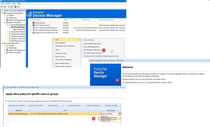 The image displays a screenshot of the PolicyPak Device Manager interface, illustrating the process of configuring device management policies for specific users or groups within a Windows environment. (Captioned by AI)