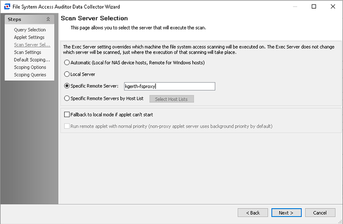The image displays a 'Scan Server Selection' page from a File System Access Auditor Data Collector Wizard, allowing users to choose between execution scanning settings for different servers. (Captioned by AI)