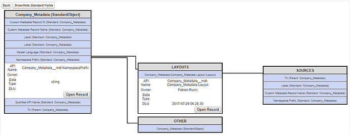 The image displays a structured overview of a "Company_Metadata" object in a database, including its standard fields, layouts, and sources, organized in a flowchart format. (Captioned by AI)