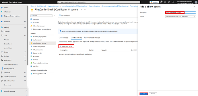 The image displays the Microsoft Entra admin centre, specifically the section for managing client secrets within an application registration context, highlighting the option to add a new client secret for the PingCastle-Email application. (Captioned by AI)