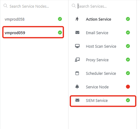 The image displays a service management interface showing two highlighted service nodes, 'vmprod058' and 'vmprod059', with 'SIEM Service' highlighted as active in the list of services. (Captioned by AI)