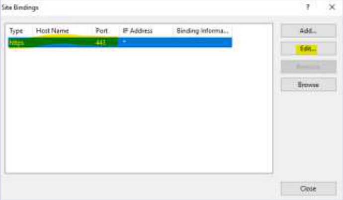 Site Bindings dialog showing https entry on port 443 with Edit button