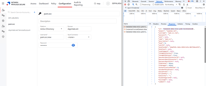 The image shows a user interface for configuring a service account named "pam.svc" in the Netwrix Privilege Secure application, alongside a detailed JSON response displaying associated attributes and settings for the account.