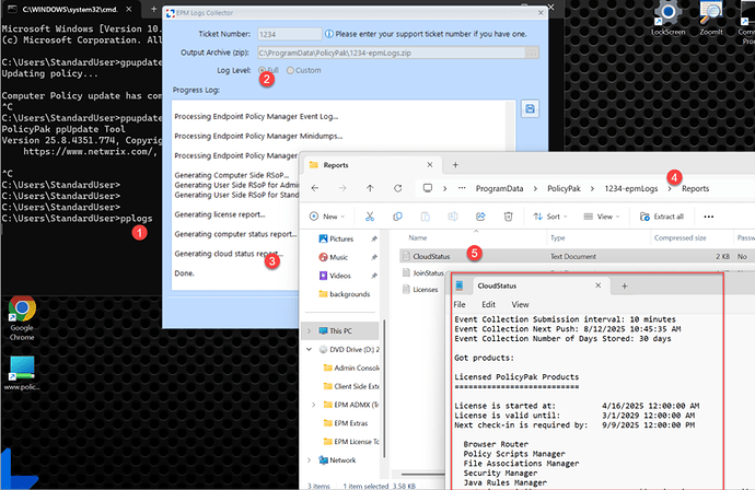 A desktop screen displays multiple windows related to Netwrix Endpoint Policy Manager managing endpoint policy logs and generating reports, highlighting the process of collecting and summarizing data for a support ticket. (Captioned by AI)
