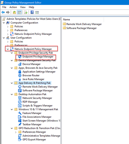 The image displays a screenshot of the Group Policy Management Editor, showing various sections and managers related to network endpoint and privilege management. (Captioned by AI)