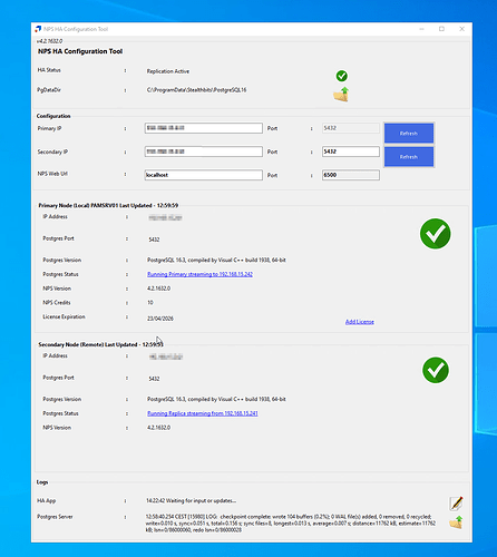 The image shows the interface of the NPS HA Configuration Tool, displaying active replication status, configuration details for primary and secondary nodes, and log information related to PostgreSQL database management. (Captioned by AI)