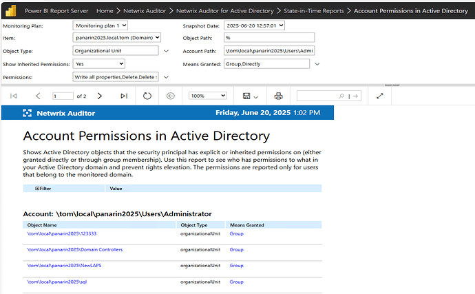 The image displays a report from Netwrix Auditor detailing account permissions in Active Directory for the user namespace under the domain "panarin2025.local.tom," including a list of objects and their corresponding permission types and means granted. (Подпись к изображению от AI)