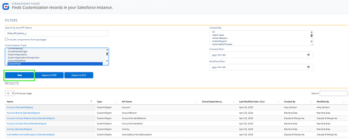 The image displays a user interface for the Strongpoint Finder tool within Salesforce, featuring filters for searching customization records, a 'Find' button, and a list of results with details about various Salesforce objects. (Captioned by AI)