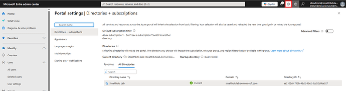 The image displays the Microsoft Entra admin centre interface, showcasing the portal settings for directories and subscriptions, highlighting the current directory as 'Stealthbits Lab' along with various menu options for managing identity and user settings. (Captioned by AI)