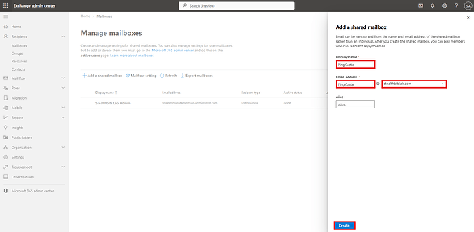 The image displays the interface for the Exchange admin centre, showing the 'Manage mailboxes' section with options to add a shared mailbox, alongside a form to input details such as display name and email address. (Captioned by AI)
