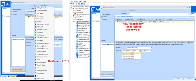 The image displays a software interface for configuration settings, highlighting options for targeting Windows 11 with specific build versions. (Captioned by AI)