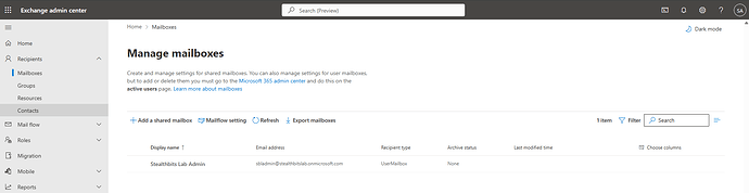 The image displays the 'Manage mailboxes' interface of the Exchange admin centre, showing options to add, refresh, and export mailboxes, along with details about a specific user mailbox. (Captioned by AI)