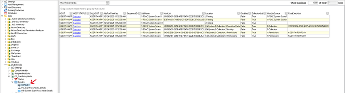 A screenshot of a software interface displaying job results, specifically the FS_ScanProxyHosts section, with detailed information on job runs, host statuses, and collection settings. (Captioned by AI)