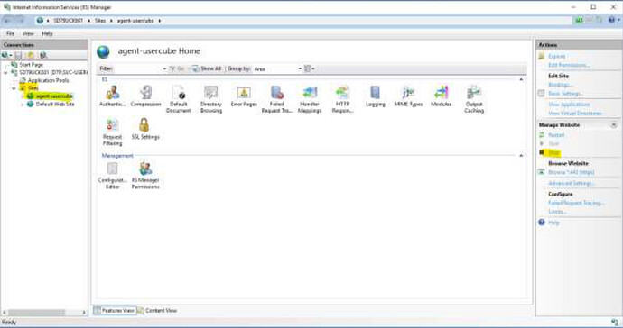IIS Manager with agent site selected and Stop action highlighted