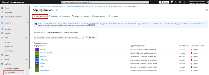 The screenshot displays the interface of the Microsoft Entra admin centre, specifically the 'App registrations' section, showing a list of owned applications with options to create a new registration and manage existing ones. (Captioned by AI)