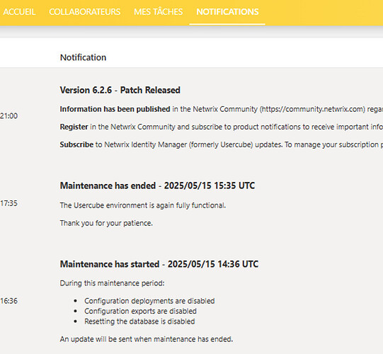 The image displays a notification interface detailing a patch release for version 6.2.6 and updates regarding maintenance schedules for the Netwrix Identity Manager, including start and end times of maintenance activities. (Captioned by AI)