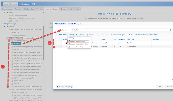 The image displays a computer interface showing the "Policy 'Hwello123' Summary" in an Administrative Template Manager, with options to manage XML settings and replace items in a policy configuration. (Captioned by AI)