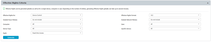 The image displays a user interface for generating "Effective Rights Criteria" with various options for device control, computer, device type, rights, and user specifications, along with a button to generate the results. (Captioned by AI)