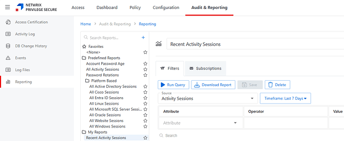 The image displays a screenshot of the Netwrix Privilege Secure application, specifically the "Audit & Reporting" section, where users can view and manage various reports related to recent activity sessions and predefined reporting options. (Captioned by AI)