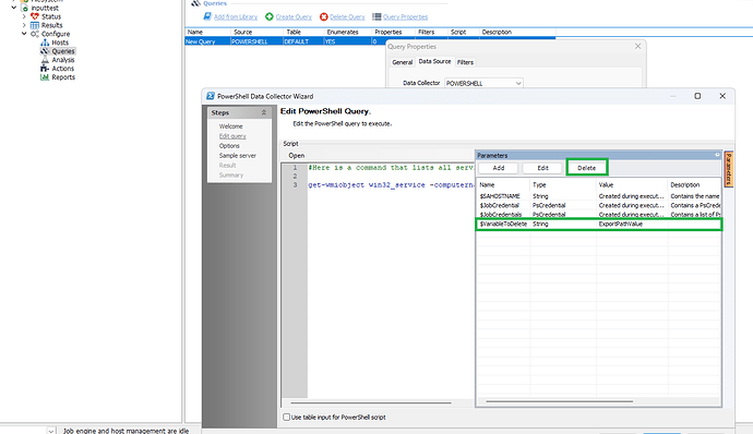 The image shows a user interface for editing a PowerShell query, highlighting parameters and options for managing data collection in a software tool. (Captioned by AI)