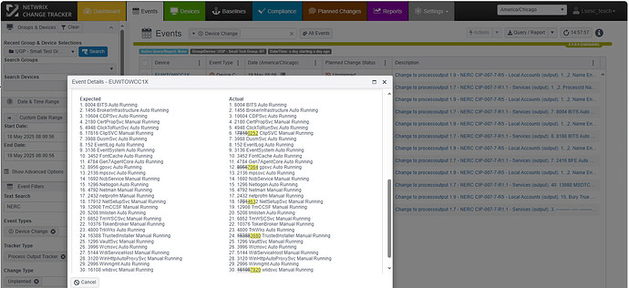 The image displays a screenshot of the Netwrix Change Tracker interface, showing event details with a comparison between expected and actual service statuses on a specified device within a selected date range. (Captioned by AI)