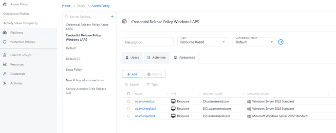 The interface displays the settings for a Credential Release Policy for Windows LAPS, including user and resource management details. (Captioned by AI)