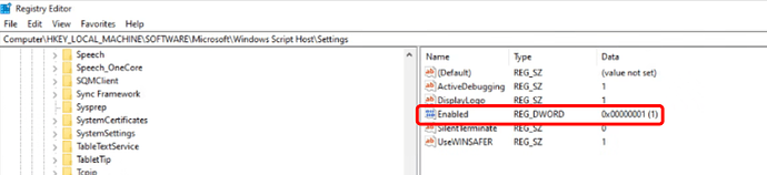 The image displays a section of the Windows Registry Editor showing settings for the Microsoft Windows Script Host, specifically highlighting the "Enabled" DWORD value set to 1. (Captioned by AI)