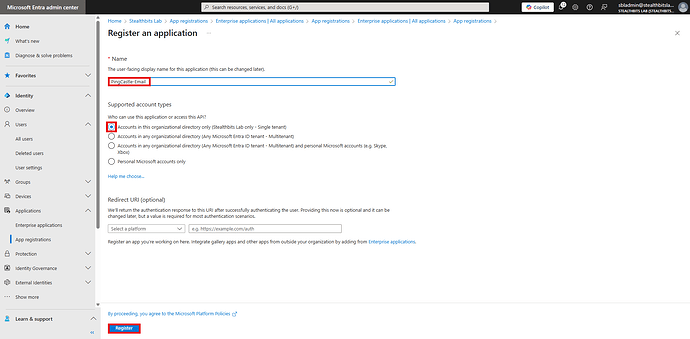 The image displays a registration form in the Microsoft Entra admin centre, where a user inputs the name 'PingCastle-Email' and selects account types for an application. (Captioned by AI)
