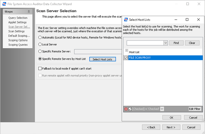 The image displays a software interface for selecting an execution scan server in a File System Access Auditor Data Collector Wizard, featuring options for different server settings and a selected host list titled 'FILE SCAN PROXY'. (Captioned by AI)