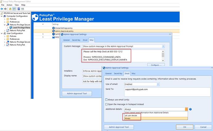 The image displays the Endpoint Privilege Manager interface, where an admin configures approval settings, including a custom helpdesk contact message and email settings for process requests. (Captioned by AI)