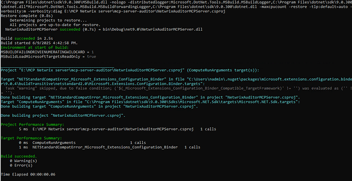 The image displays a command line interface showing the successful build process of a .NET project named "NetwrixAuditorMCPSERVER" with a few warnings, but no errors. (Captioned by AI)