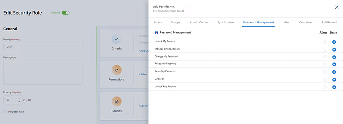 The image depicts a user interface for editing security roles, highlighting options for managing permissions related to password management including features like unlocking accounts and changing passwords. (Captioned by AI)