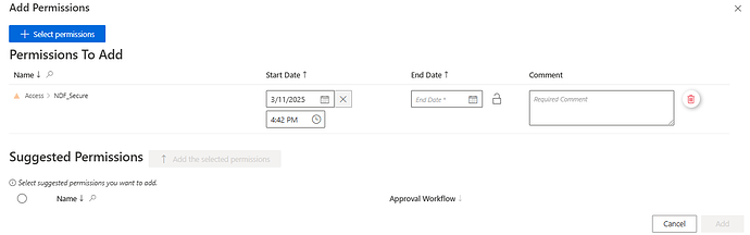 The image displays a user interface for adding permissions, featuring fields for selecting permissions, specifying start and end dates, a comment section, suggested permissions, and options for approval workflow. (Captioned by AI)