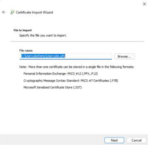 Certificate Import Wizard - File to Import screen