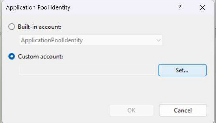 Application Pool Identity dialog with Custom account selected