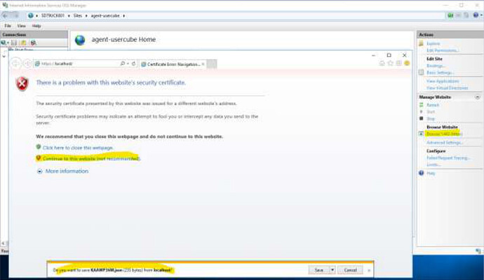 IIS Browse action and browser showing certificate warning with Save prompt