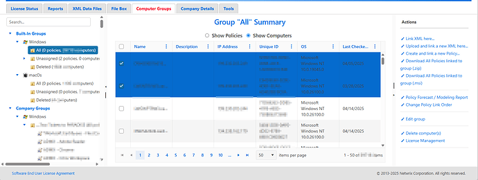 The image displays a software interface showing a summary of a computer group titled "All," with various columns for computer names, descriptions, IP addresses, unique IDs, operating systems, last check dates, and options for managing the group. (Captioned by AI)