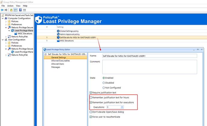 The image displays the Endpoint Privilege Manager interface, specifically the settings for configuring self-elevation permissions and justification requirements for a designated user in a group policy management context. (Captioned by AI)