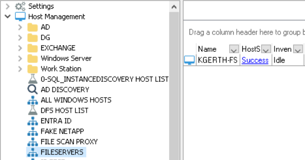 The image displays Netwrix Access Analyzer interface showing a list of host management settings, including a 'FILESERVERS' host list. (Captioned by AI)