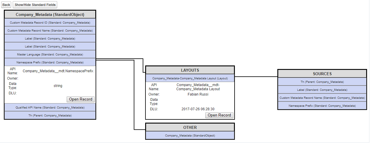 The image displays a structured overview of a "Company_Metadata" standard object, detailing its standard fields, layout, and associated sources within a metadata management interface. (Captioned by AI)