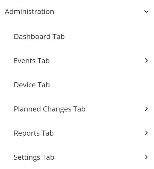 The image displays a navigation menu with various administrative tabs including Dashboard, Events, Device, Planned Changes, Reports, and Settings. (Captioned by AI)