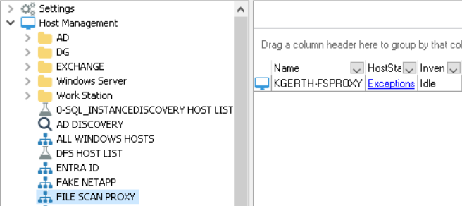 A screenshot of Netwrix Access Analyzer interface displaying host management settings with a selection of various host lists and a highlighted entry labeled 'FILE SCAN PROXY'. (Captioned by AI)