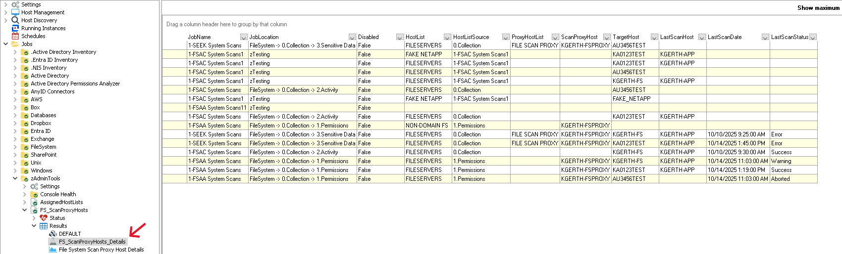 A detailed interface displaying job results for various scans, including settings, host information, and scan status. (Captioned by AI)